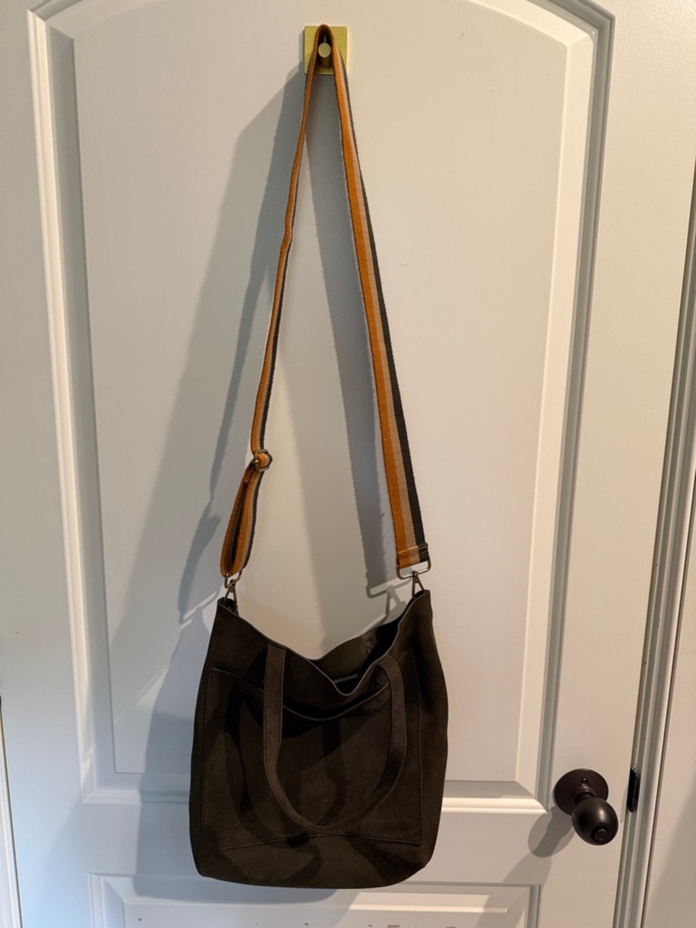 Madewell Dark Green Canvas Crossbody Tote with Striped Shoulder Strap